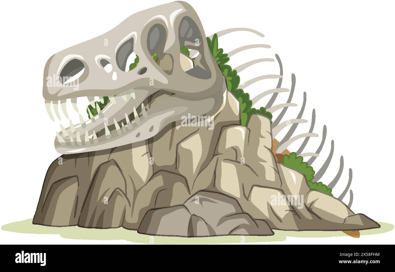 Illustration vectorielle d'un crâne de dinosaure parmi les rochers Illustration de Vecteur