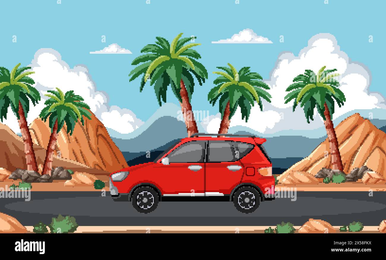 Illustration vectorielle d'une voiture dans un paysage désertique Illustration de Vecteur