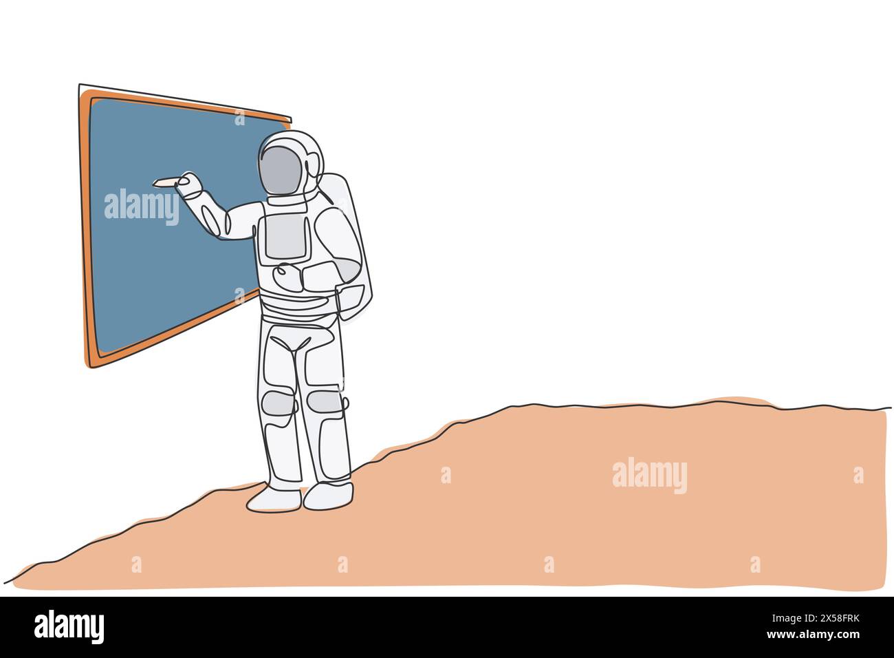 Un dessin au trait continu d'un jeune astronaute expliquant la formule et écrivant sur le tableau blanc dans la surface de la lune. Concept d'espace de galaxie cosmique. Sing dynamique Illustration de Vecteur