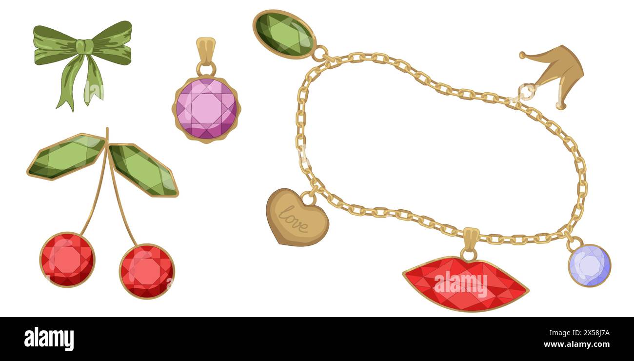 Illustration vectorielle de l'arc vintage girly et du ruban de cadre chaîne dorée et ensemble de bijoux. Rubans isolés. Accessoires tendance coquette filles. Illustration de Vecteur