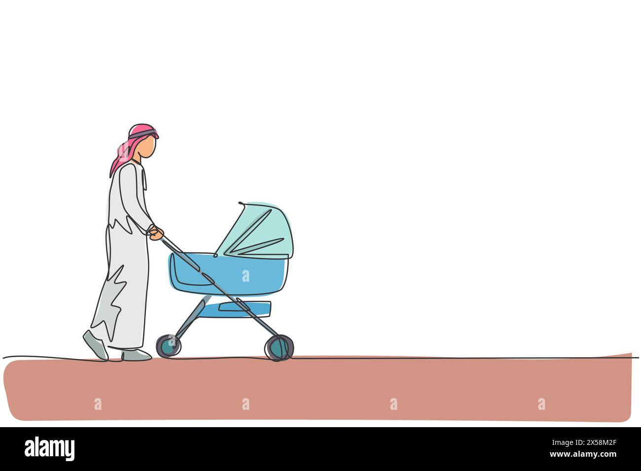 Un dessin au trait continu d'un jeune père arabe marchant et poussant le chariot de bébé au centre commercial. Concept de parentalité familiale heureuse musulmane islamique. Sing dynamique Illustration de Vecteur
