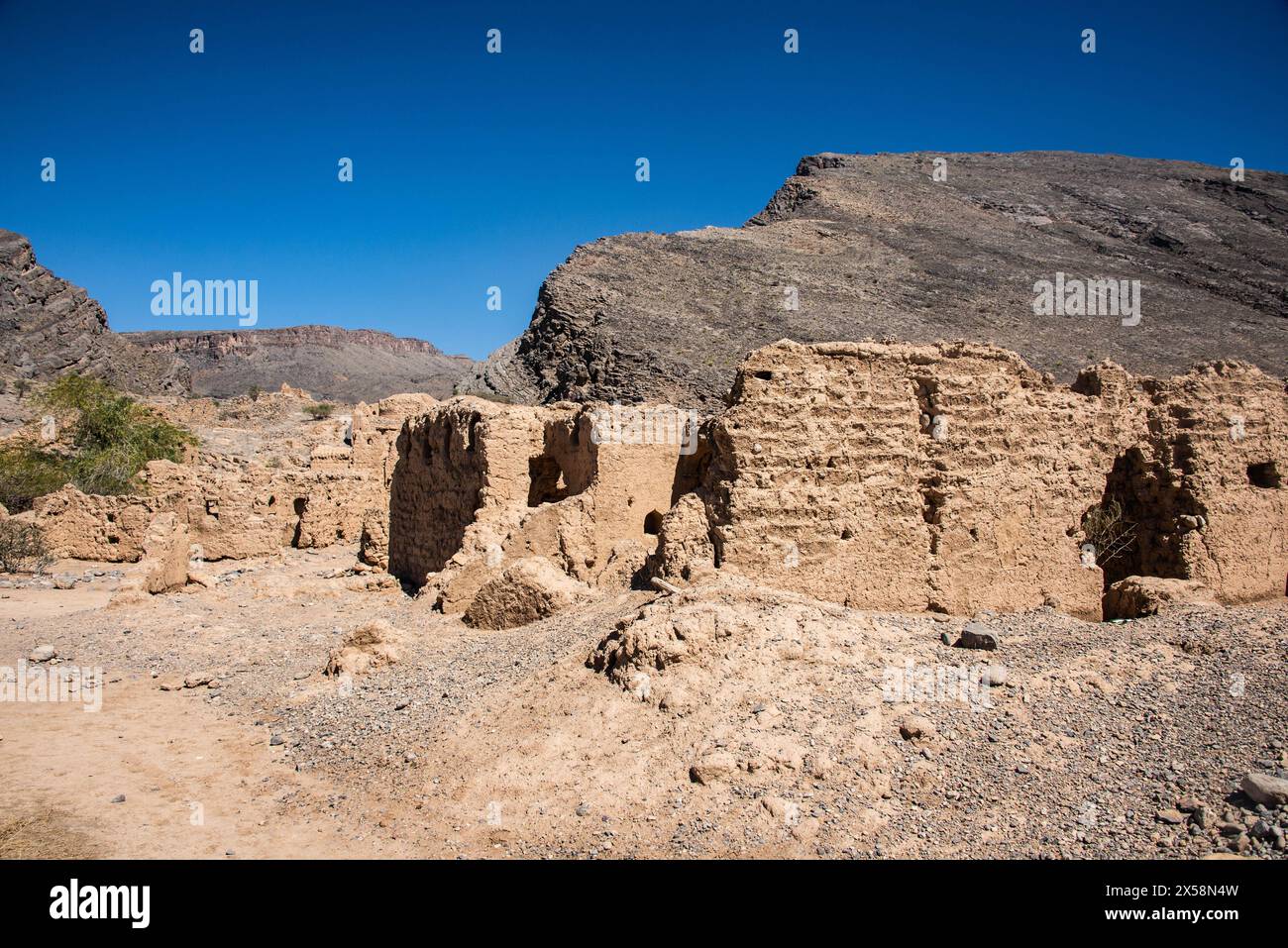 Les ruines du château de Tanuf, Wadi Tanuf, Al Dahiliyah, Oman Banque D'Images