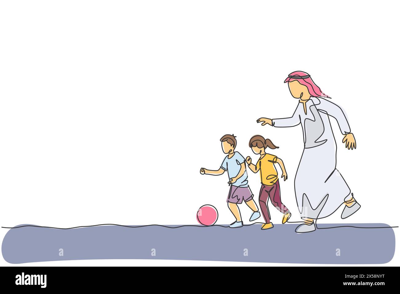 Dessin en ligne continue unique d'un jeune père arabe qui court et joue au football avec son fils et sa fille. musulman musulman Happy Family paternhood Conce Illustration de Vecteur