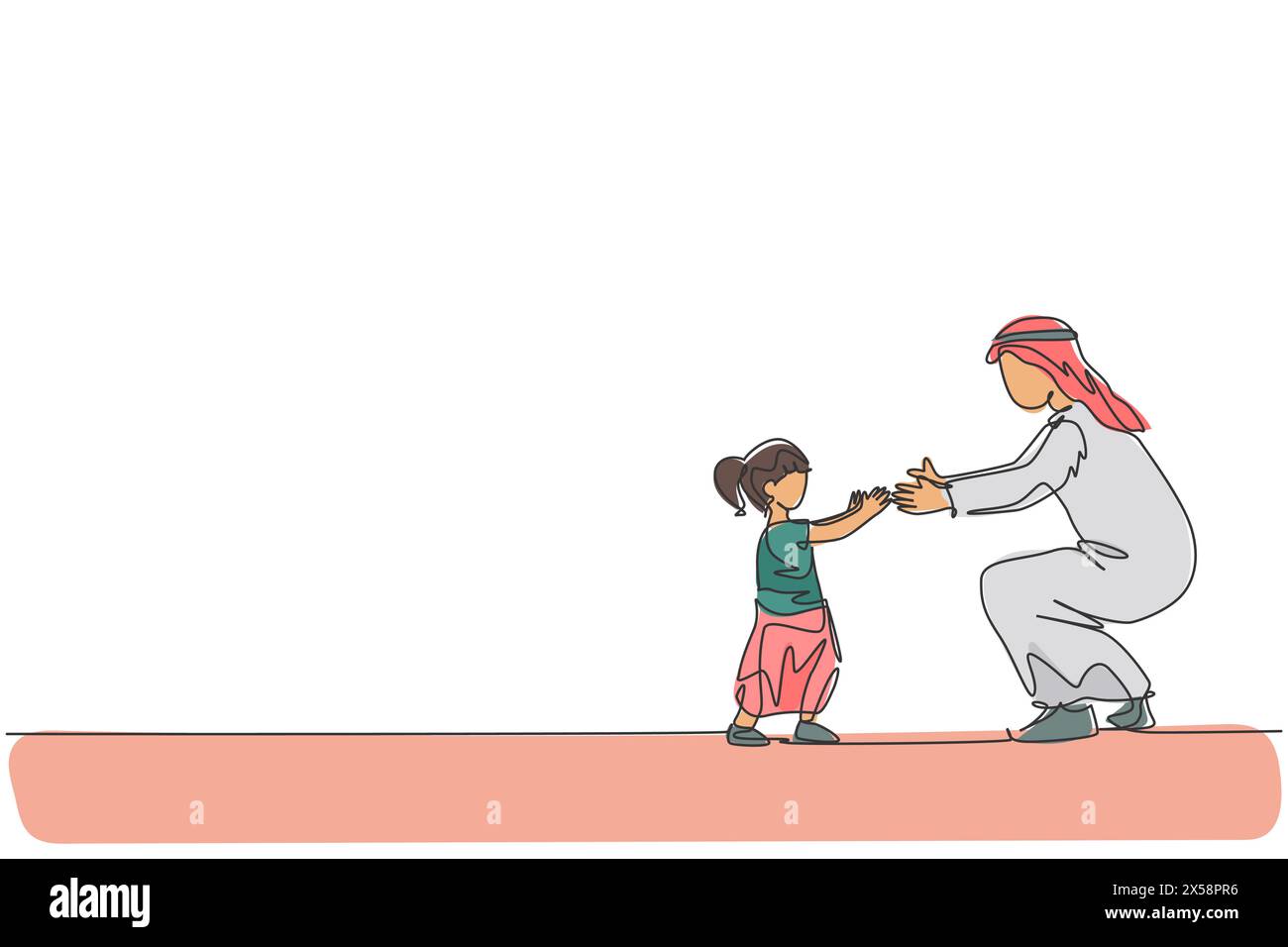 Dessin en ligne continue simple du jeune père arabe apprendre à marcher jusqu'à sa fille tout-petit à la maison. Concept musulman musulman de paternité familiale heureuse. Illustration de Vecteur