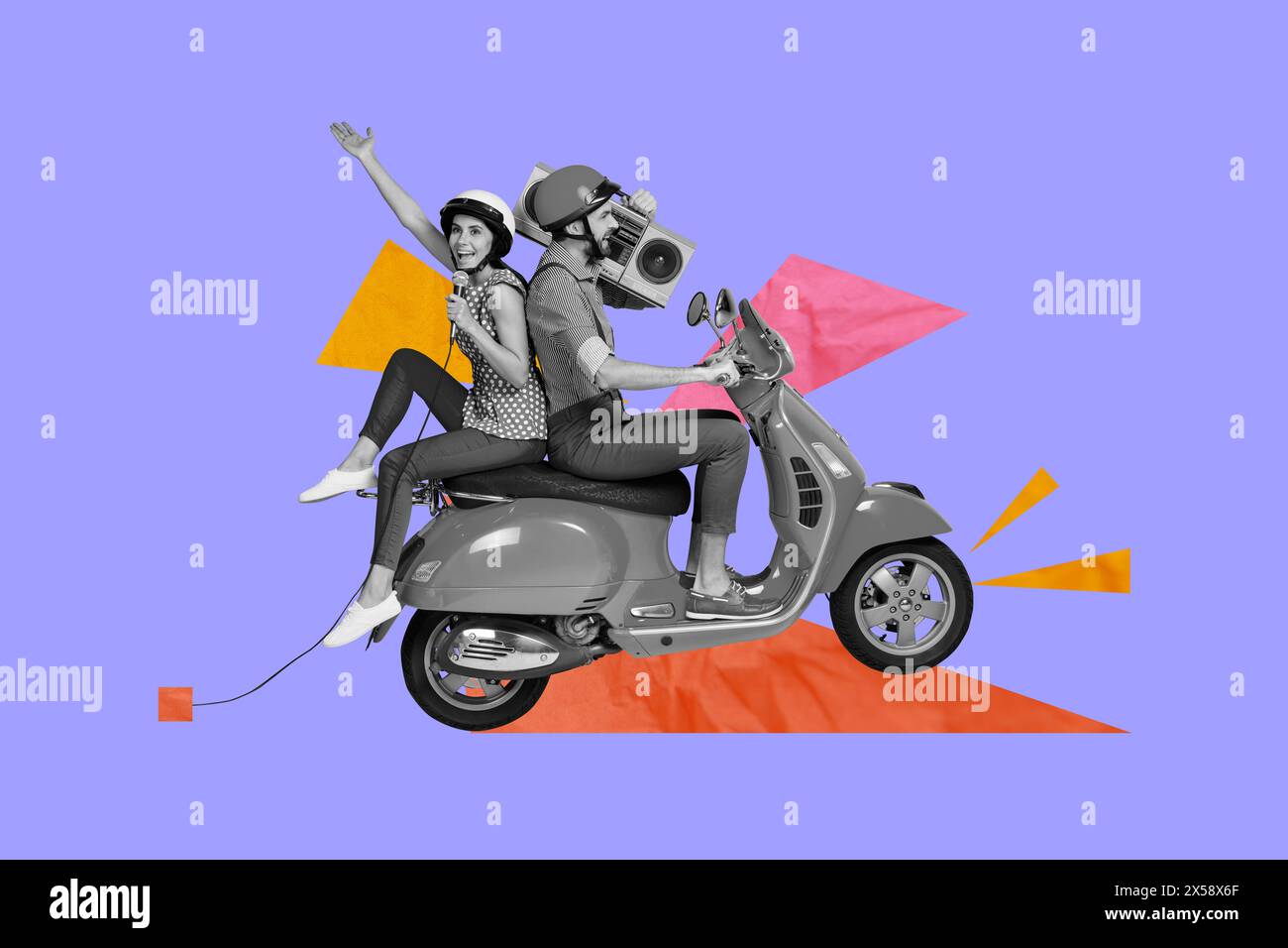 Collage de photo composite de joyeux couple ride vespa cyclomoteur fille chanter micro Guy tenir Boombox concert voyage isolé sur fond peint Banque D'Images