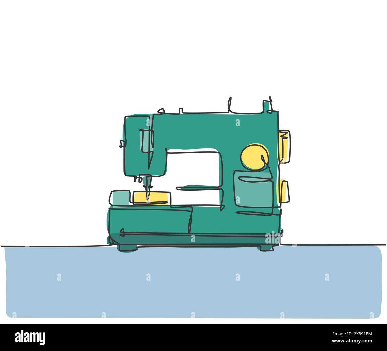 Un seul dessin au trait de l'appareil ménager classique de machine à coudre pour l'équipement sur mesure. Concept d'outils d'usine textile d'électricité. Dynamique continue l Illustration de Vecteur