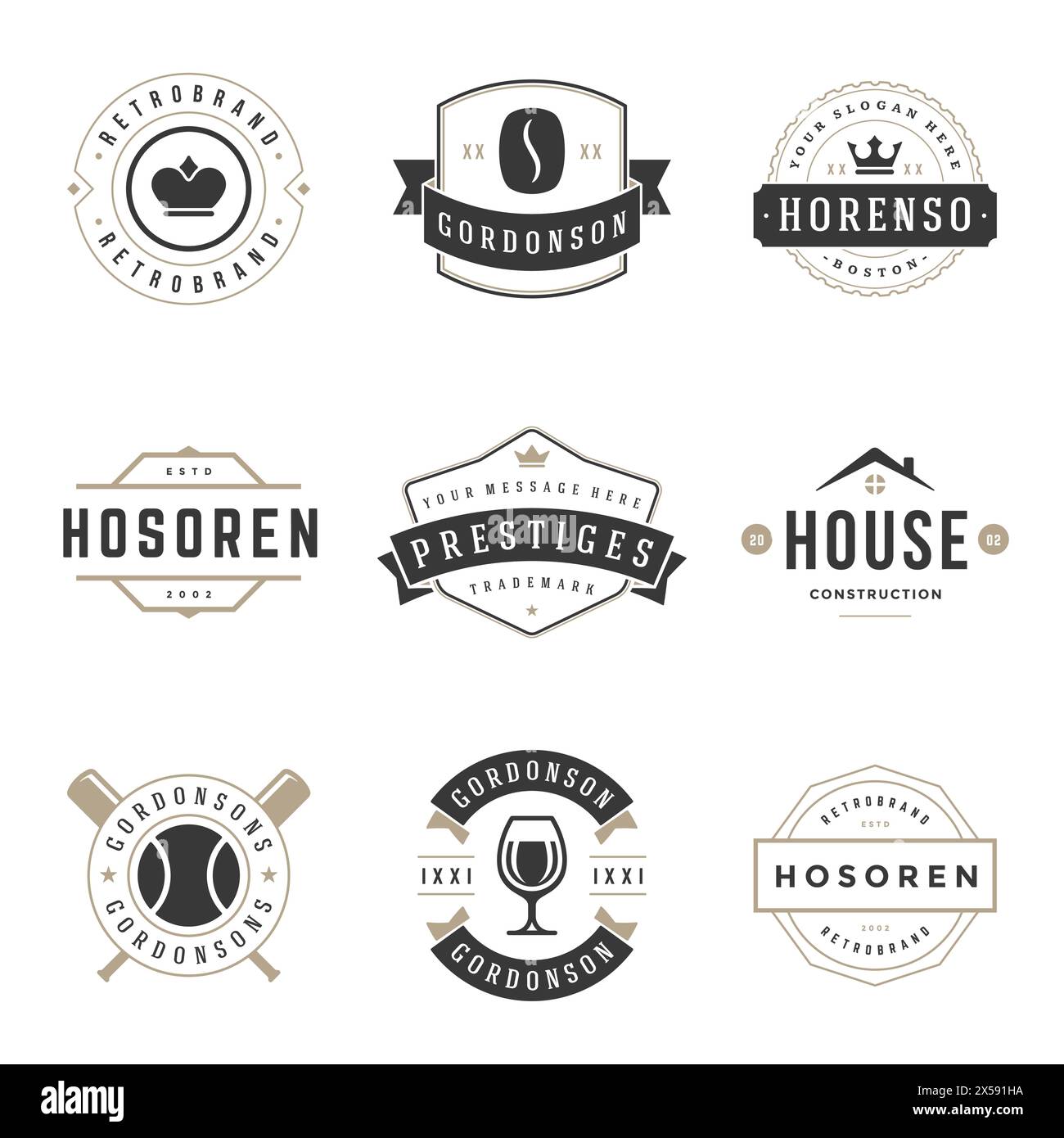 Ensemble de modèles de conception de logos vintage. Collection d'éléments de logotypes vectoriels, symboles d'icônes, étiquettes rétro, badges, silhouettes, rubans et cadres. Illustration de Vecteur
