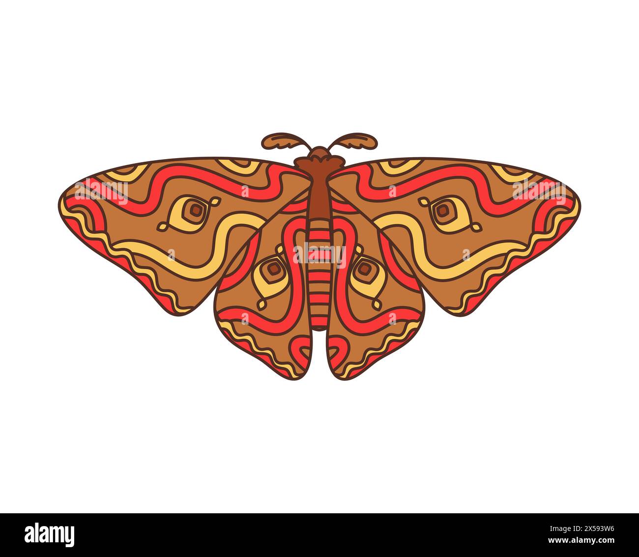 Papillon géant empereur rétro groovy. Vecteur isolé Saturnia pyri insecte papillon avec motif oculaire sur les ailes et les antennes moelleuses, symbolise la transformation, la beauté, la métamorphose dans la nature Illustration de Vecteur