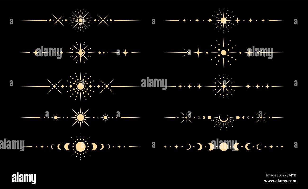 Frontières célestes fantastiques et séparateurs. Ensemble vectoriel de lignes avec soleil ésotérique mystique, croissant de lune et symboles d'étoile dans le style boho. Mystique, astrologie, sorcellerie spatiale cadres célestes spirituels Illustration de Vecteur