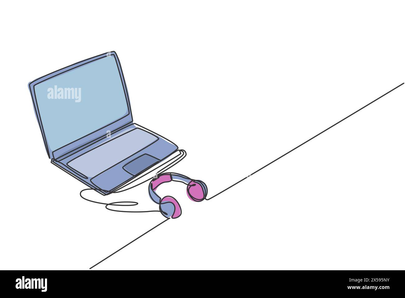 Un dessin au trait continu de l'ordinateur portable et du casque au-dessus de la table. Électricité concept d'outils d'équipement de bureau pour petites entreprises. dra ligne simple tendance Illustration de Vecteur
