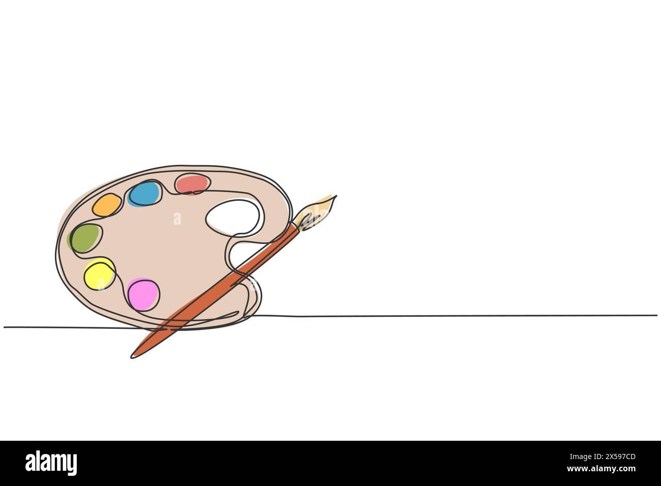 Dessin simple d'une ligne de peinture au pinceau avec palette d'aquarelle. Retour à l'école minimaliste, concept d'éducation artistique. Style de dessin de ligne simple continu d Illustration de Vecteur