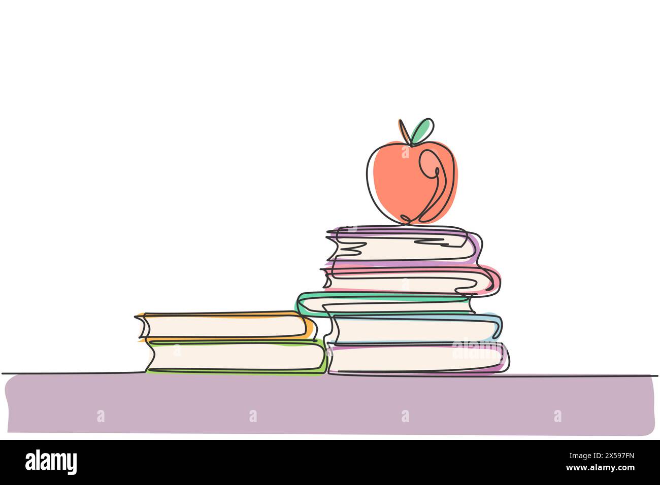 Dessin continu d'une ligne de pomme au-dessus des livres empilent la conception minimaliste d'illustration vectorielle sur fond blanc. Motif simple isolé moderne Illustration de Vecteur