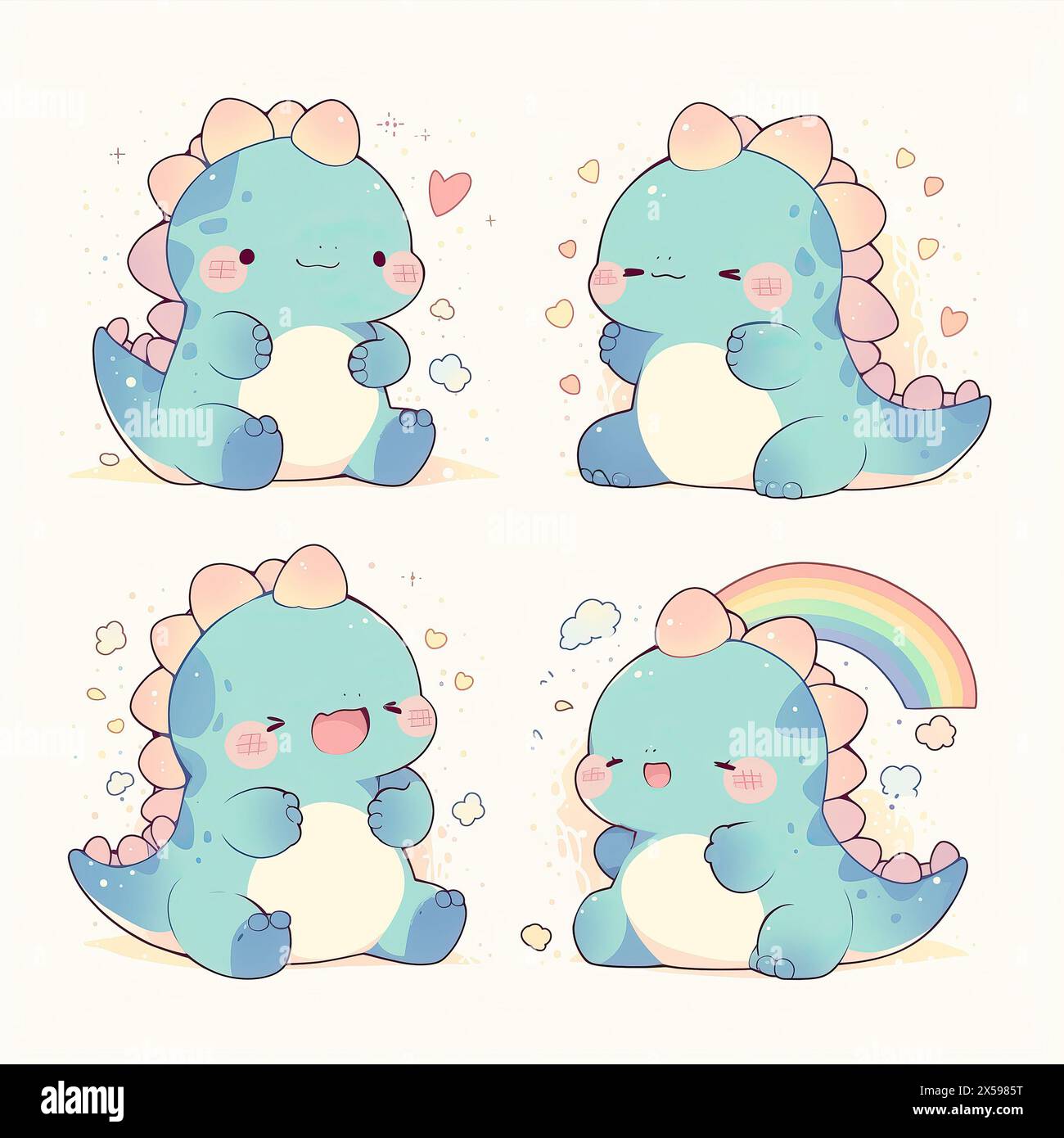 chibi dinosaure arc-en-ciel coeurs turquoise set emotes autocollants mignon kawaii enfants adorable enfants couleurs pastel logo emoji Banque D'Images