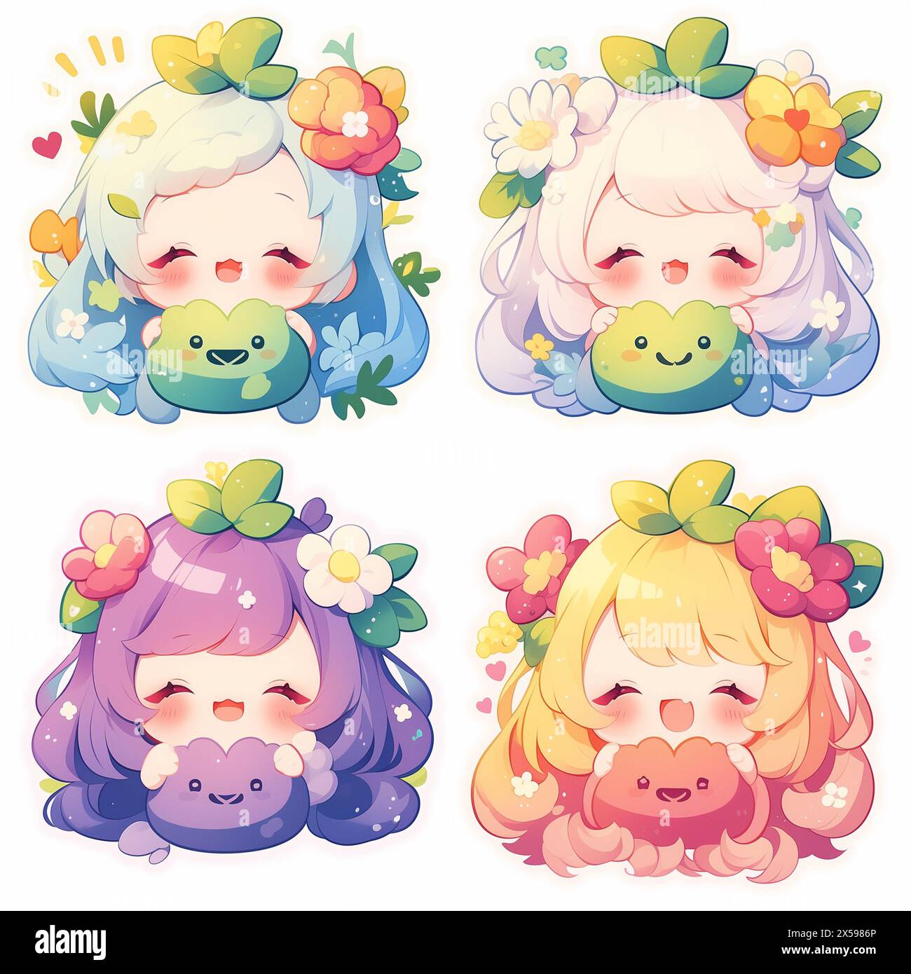 fruité filles anime set emotes autocollants mignon kawaii adorable enfants enfants couleurs pastel logo emoji Banque D'Images