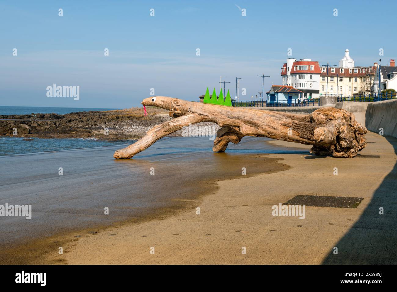 Une souche d'arbre lavée sur le front de mer du Porthcawl a été décorée comme un lézard. Banque D'Images