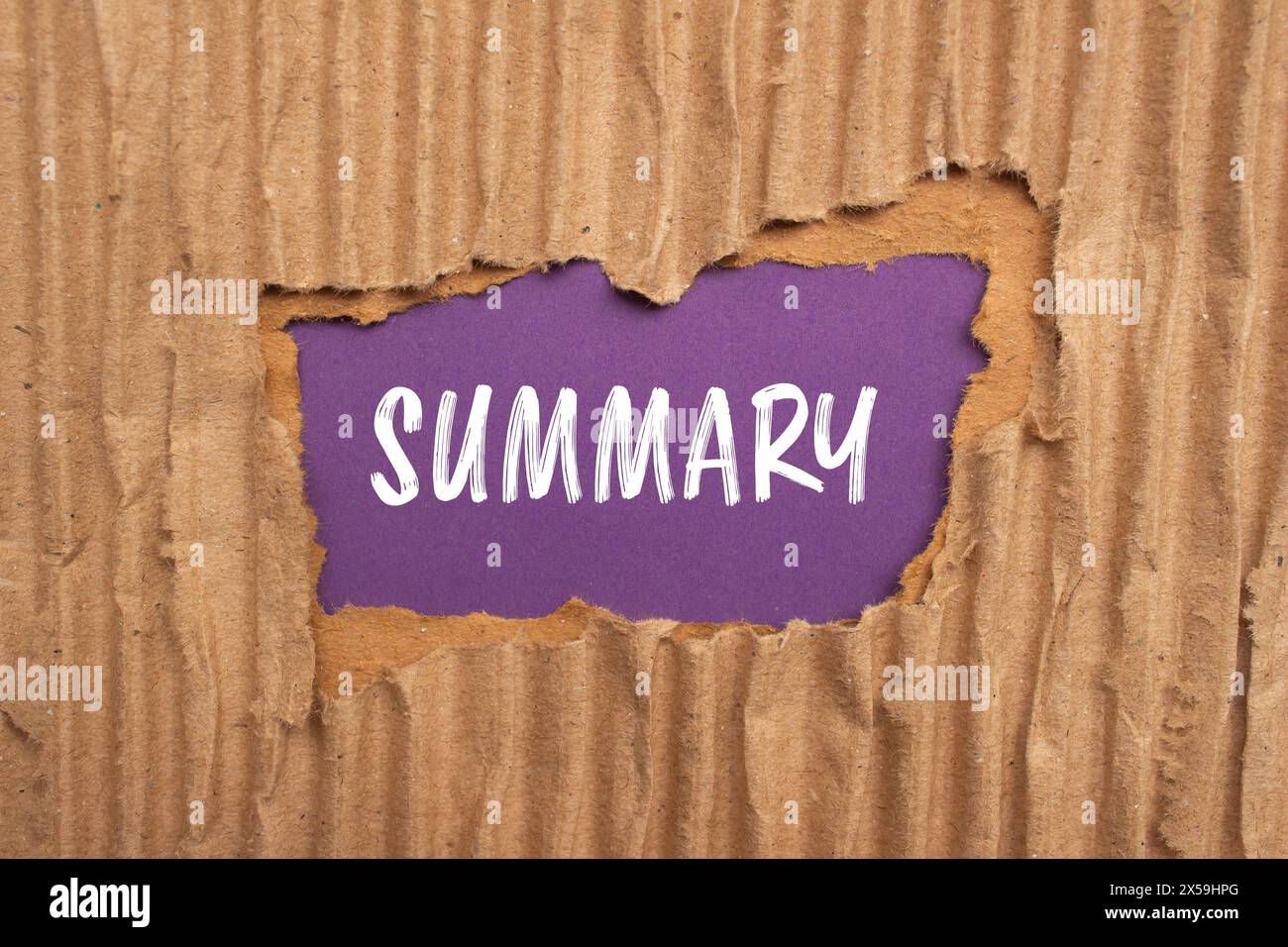 Mot sommaire écrit sur papier carton déchiré avec fond violet. Symbole de mot résumé conceptuel. Copier l'espace. Banque D'Images