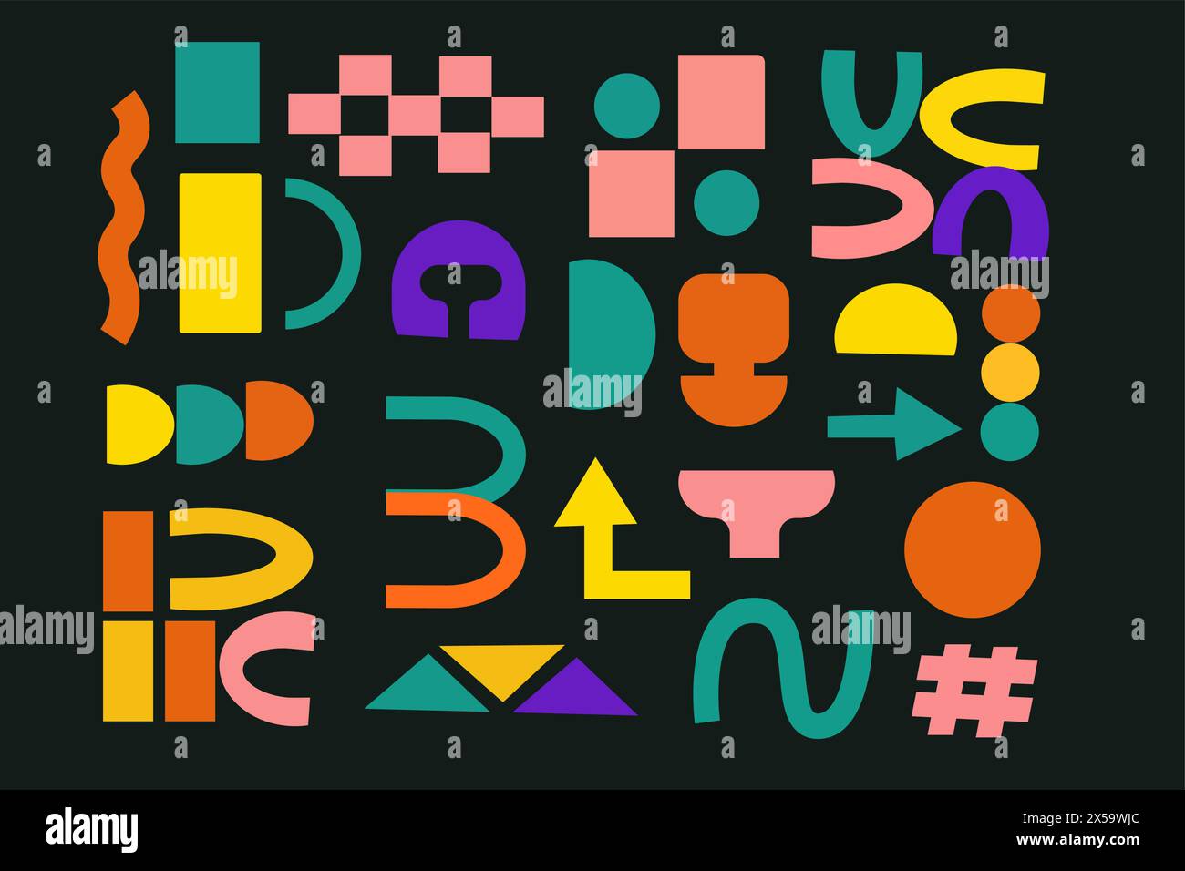 Ensemble d'autocollants avec des formes abstraites ludiques naïves. Cercle, ovale, rectangle, arqué dans le style rétro tendance. Esthétique arrière-plan du brutalisme. VEC Illustration de Vecteur