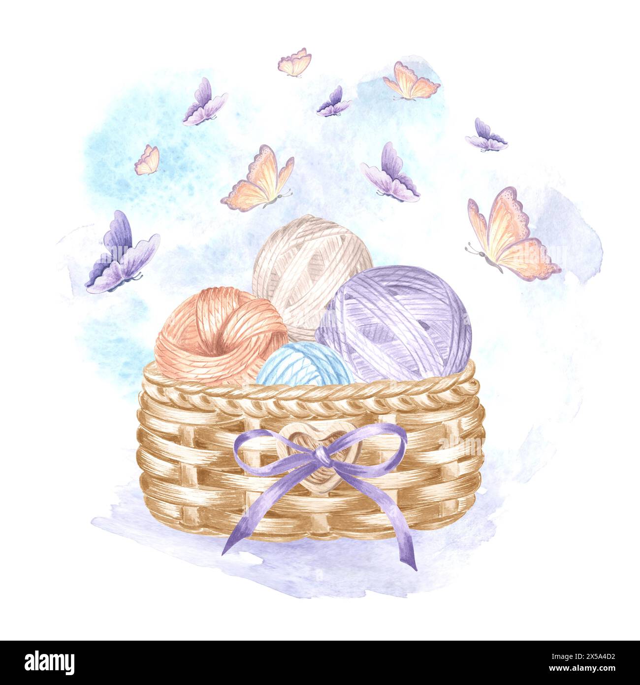 Papillons volant des enchevêtrements de fils dans un panier en osier. Boules de fil. Illustration d'aquarelle dessinée à la main modèle isolé pour carte, blog de tricot, ne Banque D'Images