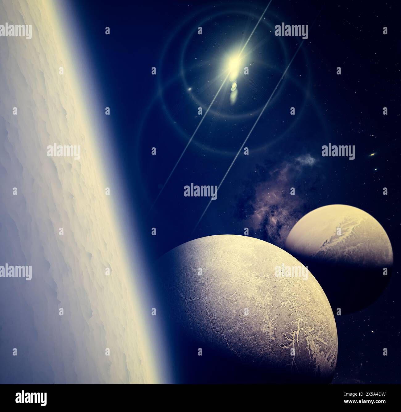 Paysage SCI-fi. Exoplanète vue d'une de ses lunes. Satellites d'une planète extraterrestre. rendu 3d. Banque D'Images