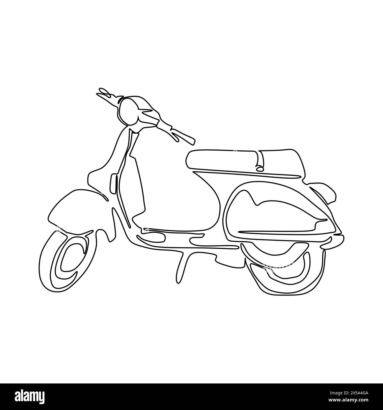Scooter de dessin de ligne continue unique. Transport rétro. Icône vespa noire. Scooter vintage élégant pour les vacances de voyage. Design graphique à une ligne vec Illustration de Vecteur