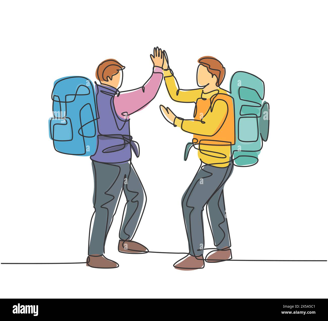 Un dessin de ligne de deux jeunes touristes heureux sac à dos pour aller aux vacances et donne haut cinq gestes. Concept de déplacement de rousseur Li continu Illustration de Vecteur