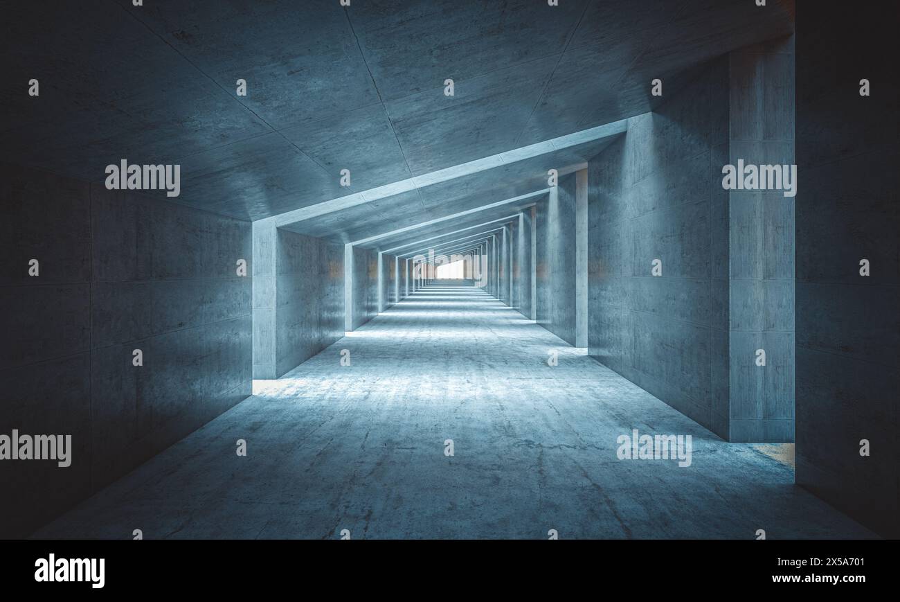 Vue géométrique abstraite d'un tunnel en béton moderne et symétrique. rendu 3d. Banque D'Images