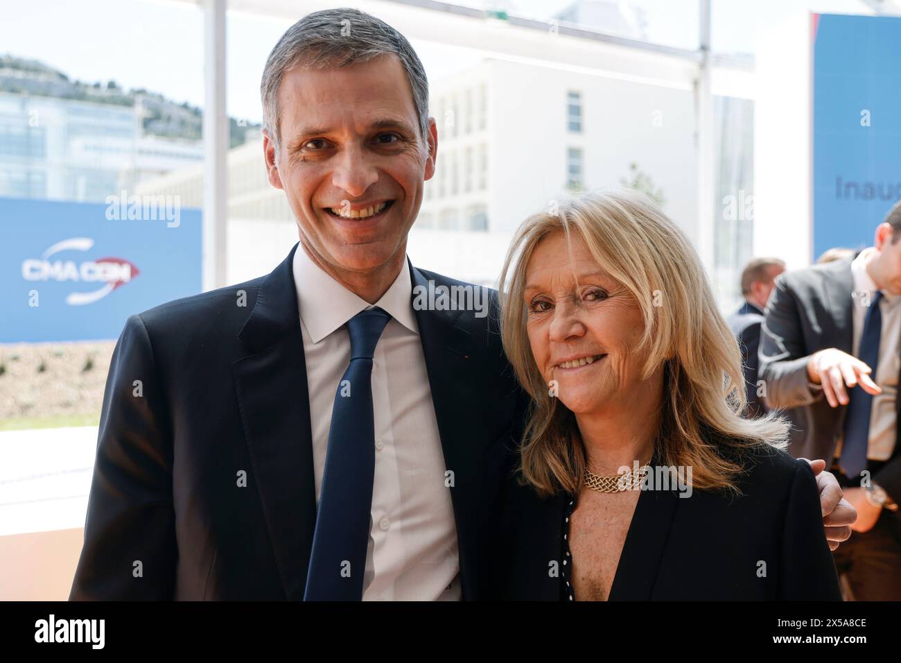 CMA CGM CEO French Lebanese Rodolphe Saade, left, poses with Anne Meaux, founder and head of "Images 7" communication agency during the unveiling ceremony of the training and innovation centre for sustainable logistics and shipping professions (TANGRAM) established by the CMA CGM Group in Marseille, southern France, Wednesday May 8, 2024. ( Ludovic Marin, Pool via AP) Banque D'Images