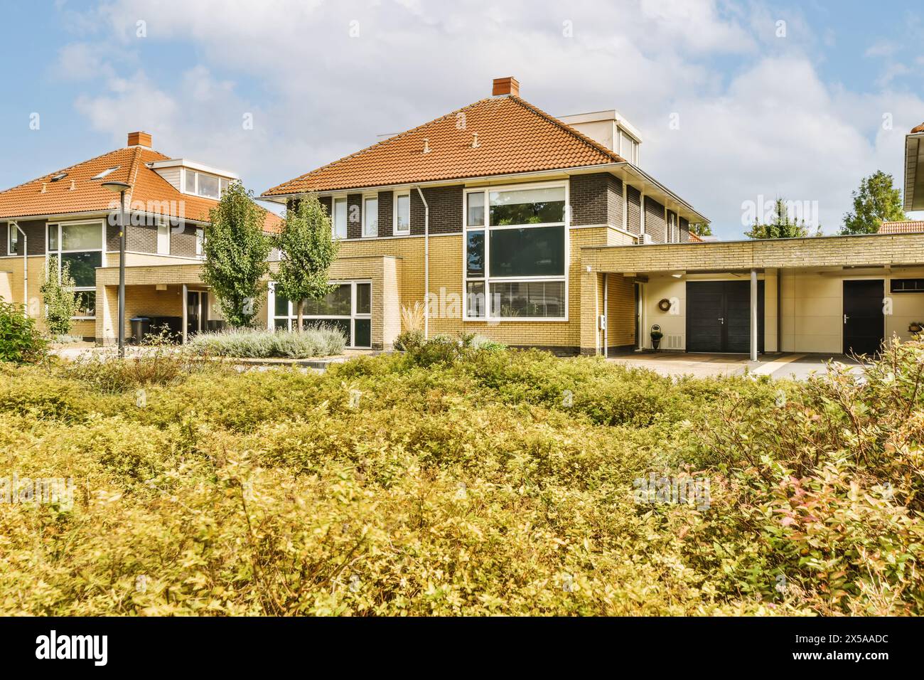Maison moderne de banlieue avec un grand jardin, un garage double et de grandes fenêtres entourées de verdure par une journée ensoleillée. Banque D'Images