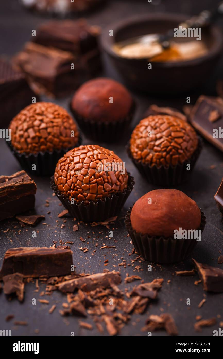 Truffes au chocolat maison avec morceaux de chocolat Banque D'Images