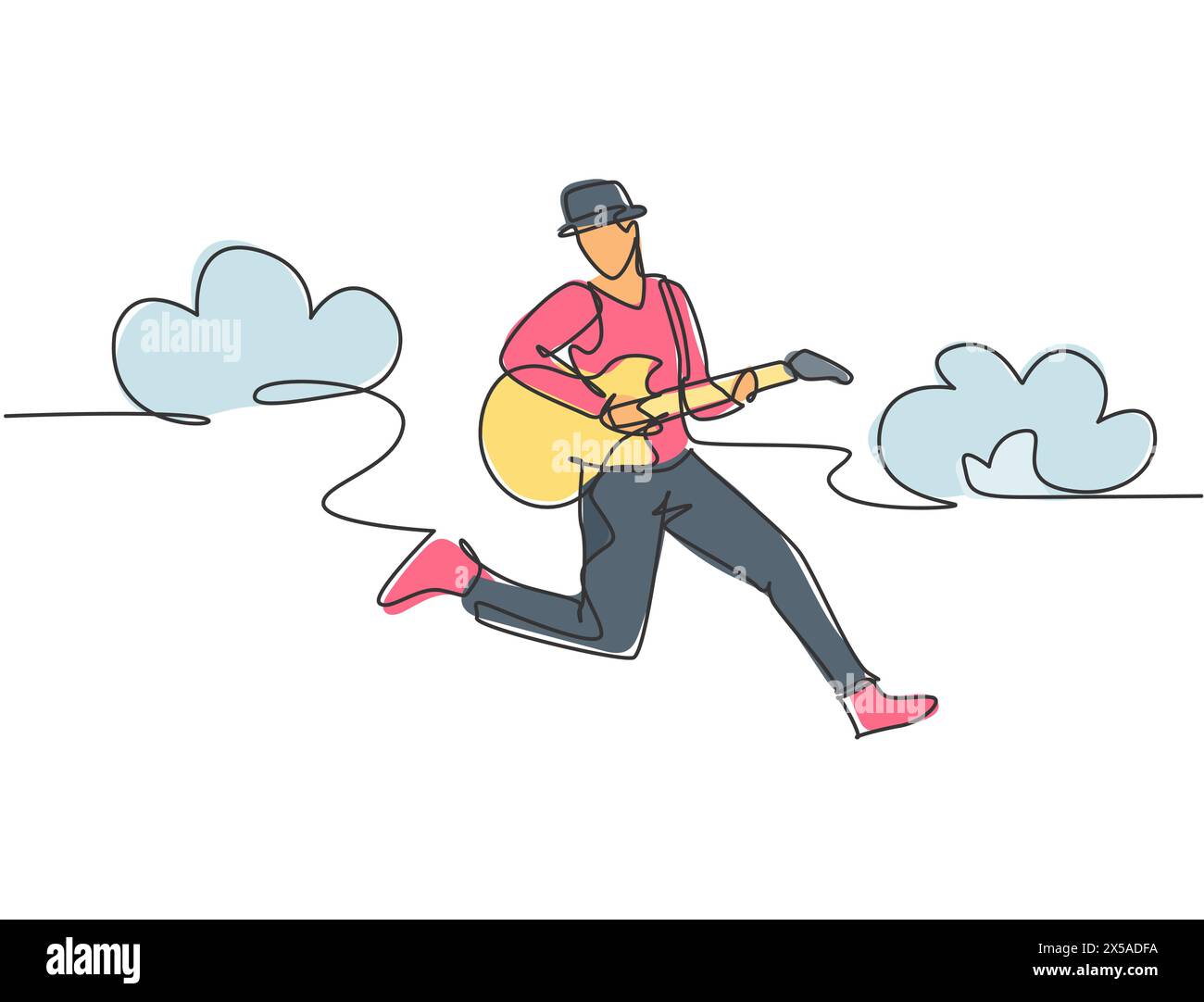 Dessin en ligne d'un jeune guitariste énergique sautant sur scène et jouant sa guitare électrique. Concept de performance d'artiste musicien énergique. Suite Illustration de Vecteur