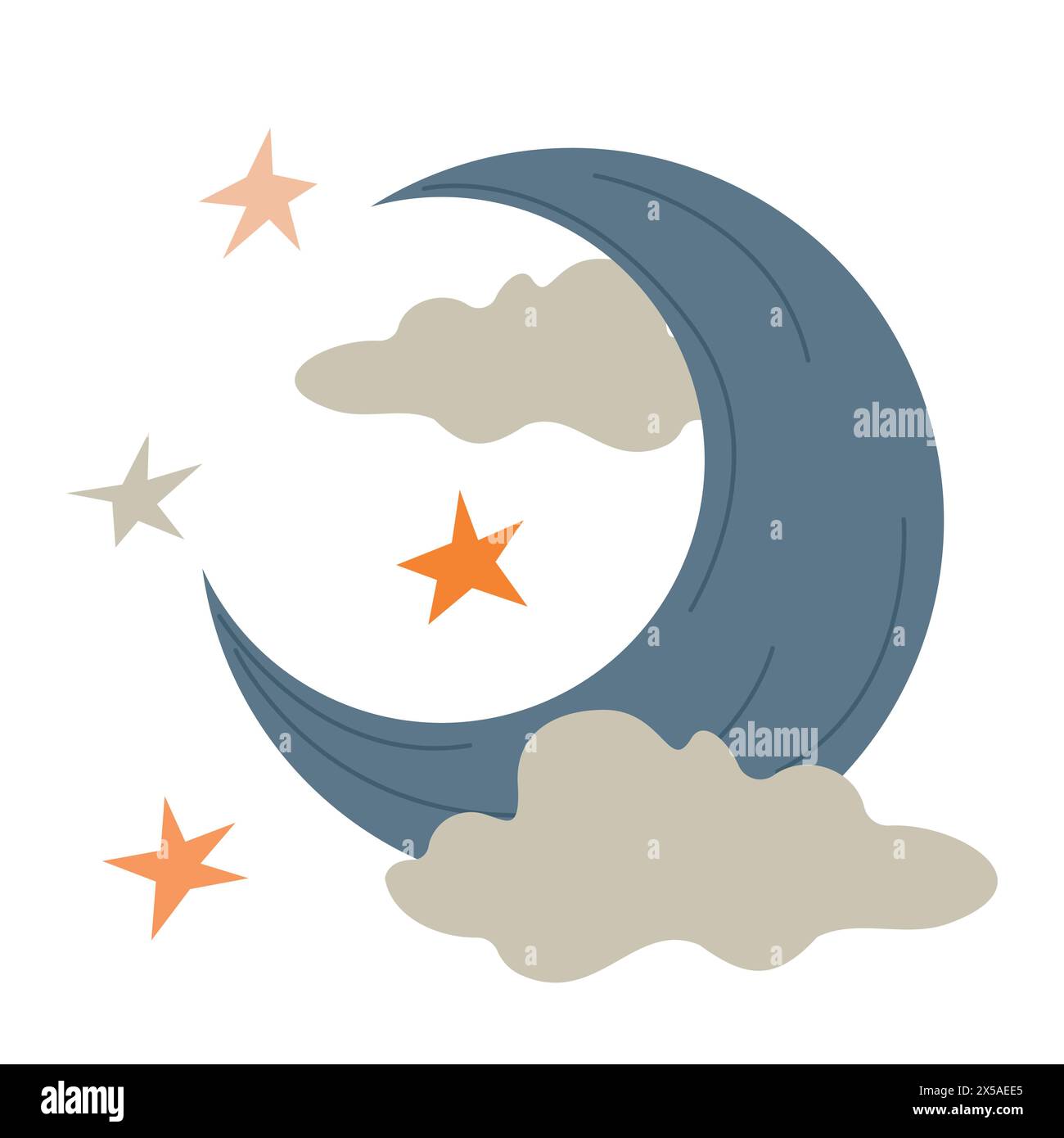 Icône Crescent dans un style minimaliste avec des nuages et des étoiles. Illustration d'une demi-lune isolée sur fond blanc. Élément de conception vectorielle pour le projet, Illustration de Vecteur