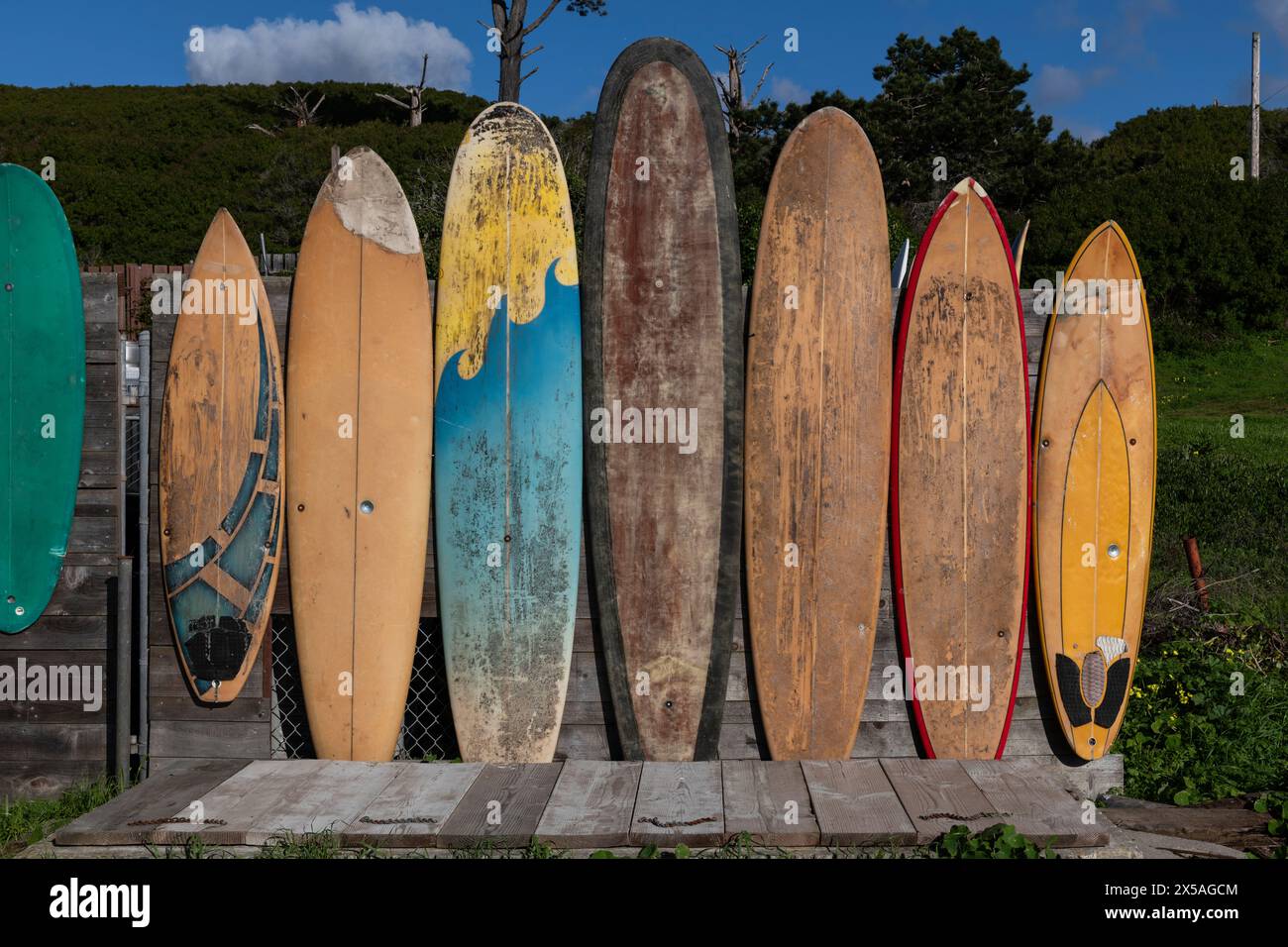 Planches de surf vintage retirées dans une variété de longueurs et de couleurs attachées à une clôture le long d'une route dans le nord de la Californie. Banque D'Images