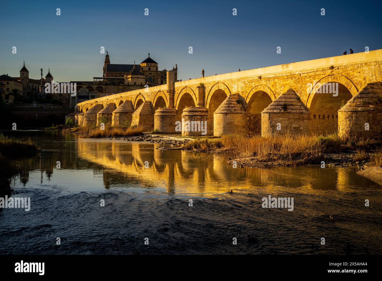 Le pont romain de Cordoue est baigné par la lumière dorée du coucher du soleil, projetant des reflets sur le fleuve Guadalquivir. Banque D'Images