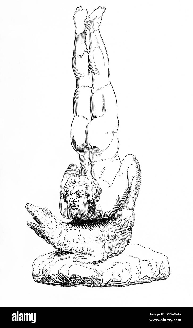 Gravure sur bois d'une sculpture romaine d'un acrobate faisant un stand sur le dos d'un crocodile de la Bible de famille illustrée du XIXe siècle Banque D'Images