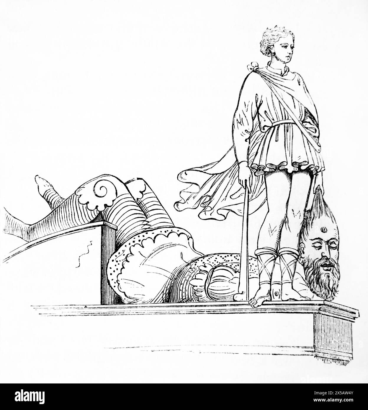 Illustration de David tuant le géant Goliath après l'avoir frappé avec une pierre sur son front tuant Goliath il lui coupe ensuite la tête avec une épée Banque D'Images