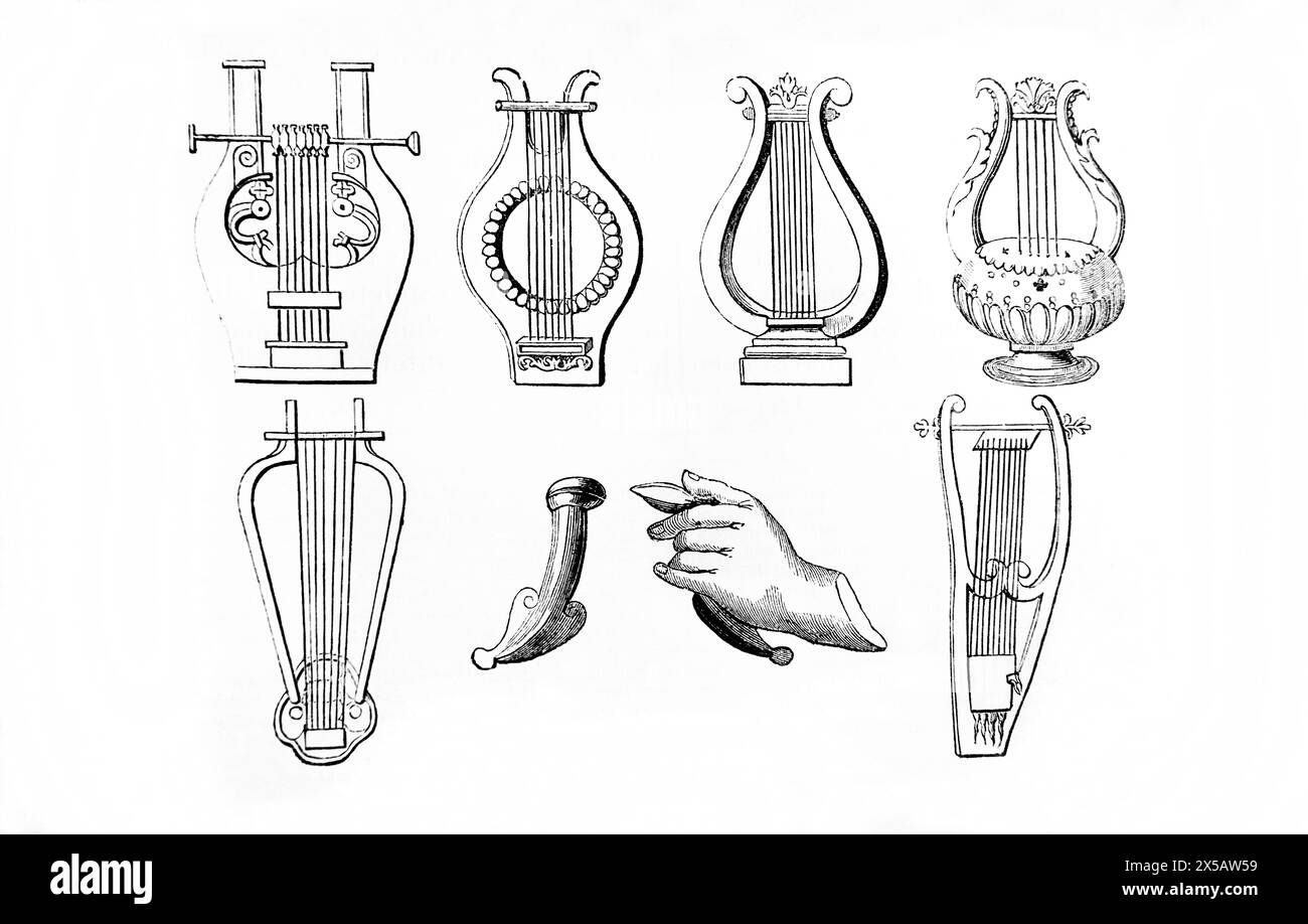 Gravure sur bois des instruments de musique - Lyre grecque, Lyre romaine, Lyre de Timothée, Lyre de Shekel juif de Simon Maccabée, Lyres romaines et forme an Banque D'Images