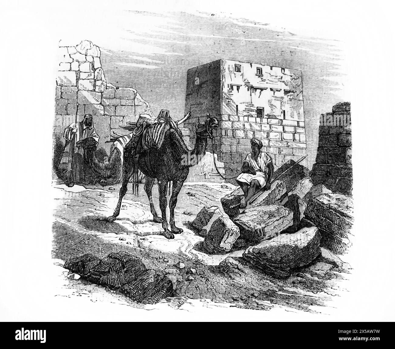 Gravure sur bois de l'homme reposant sur les ruines près de la Tour de David à Jérusalem 'ils construiront les vieux déchets' (ils reconstruiront les vieilles ruines) Isaïe Banque D'Images