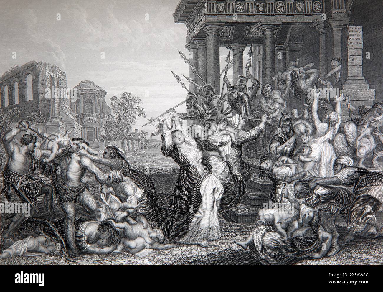 Gravure sur bois du meurtre des innocents du XIXe siècle Bible familiale illustrée - Hérode le Grand Roi de Judée ordonne l'exécution de tous les M. Banque D'Images