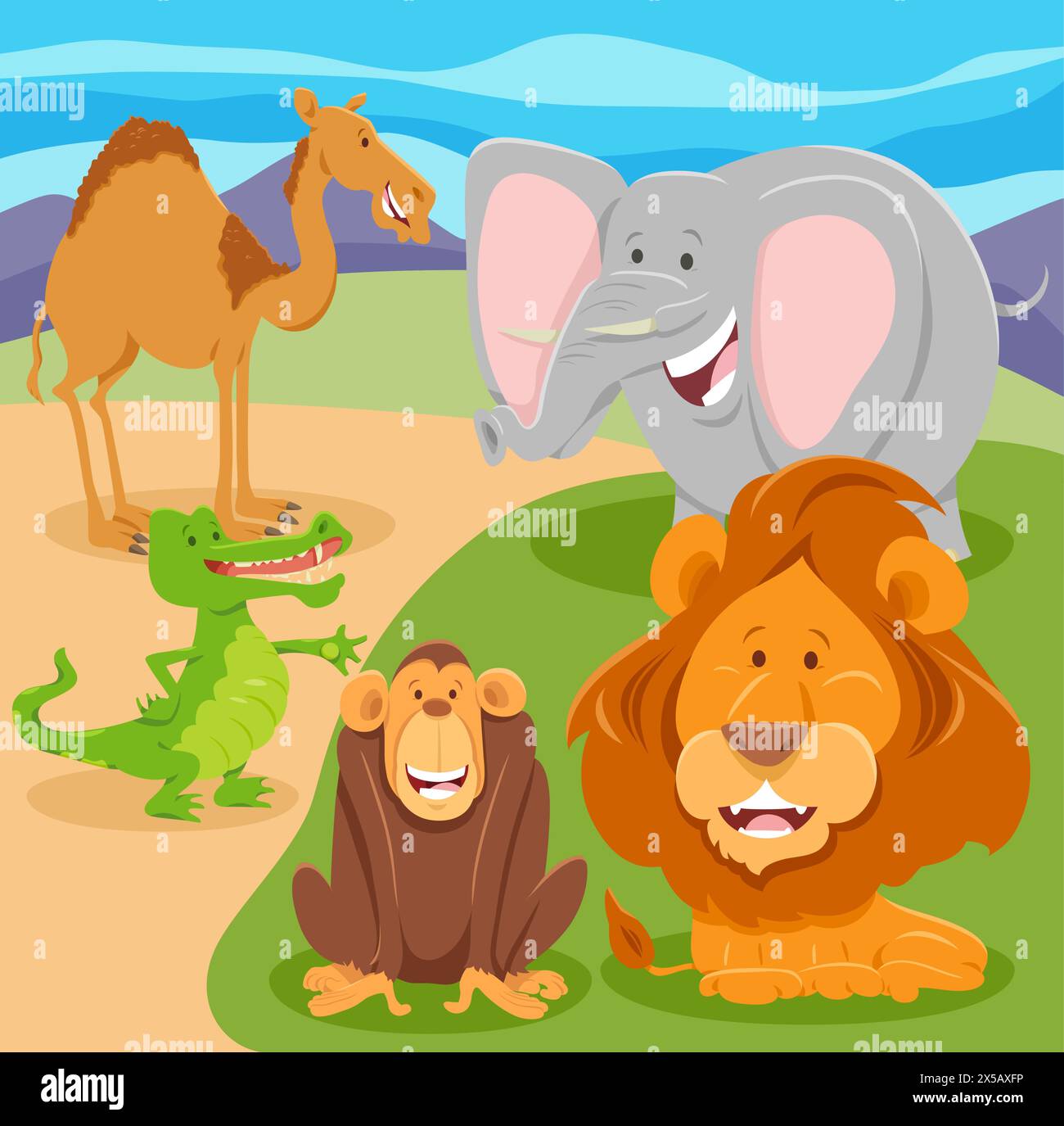 Illustration de dessin animé du groupe de personnages comiques animaux sauvages de Safari heureux Illustration de Vecteur