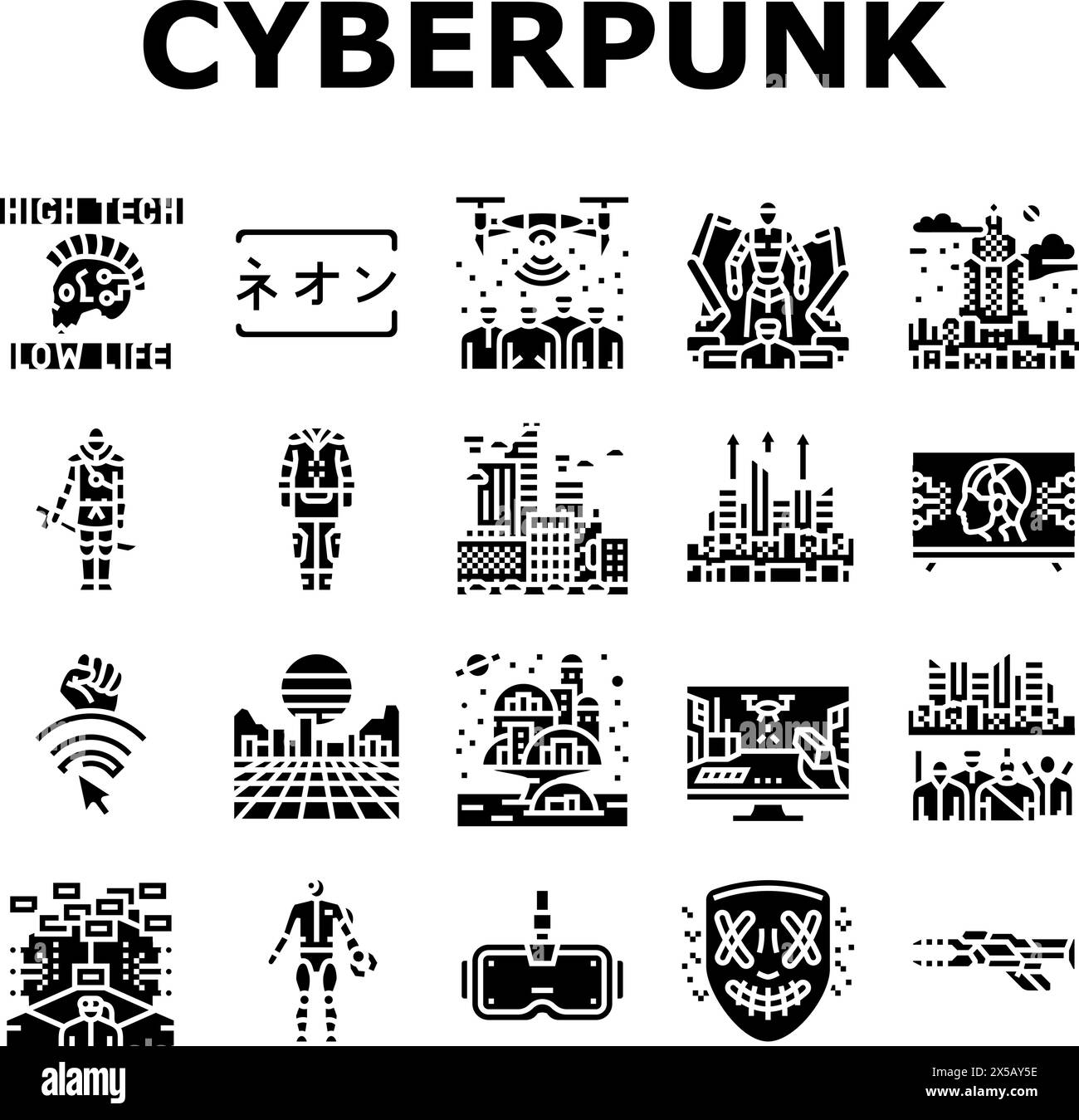 cyberpunk digital city future icônes set vecteur Illustration de Vecteur