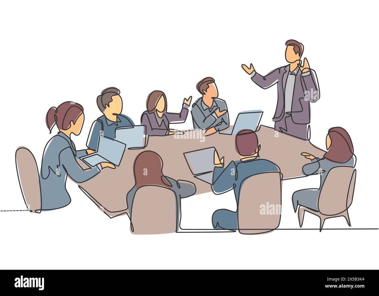 Dessin en ligne continue unique de jeune formateur heureux donnant une leçon de vie aux membres de la classe. Concept de formation et de présentation commerciale. Moderne Illustration de Vecteur