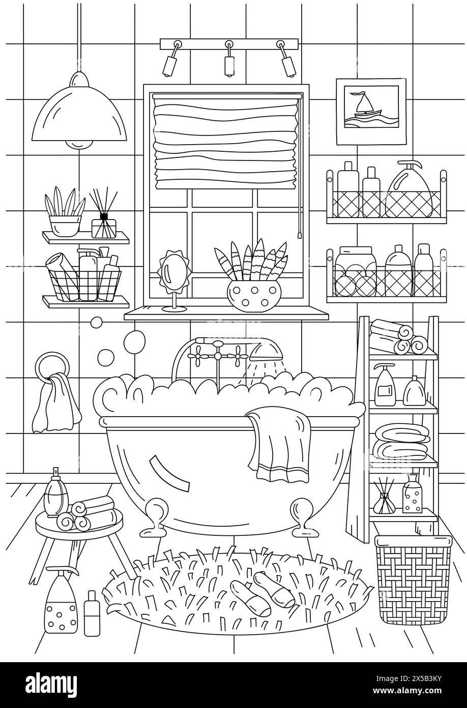Coloriage, salle de bains, livre, livre de coloriage pour adultes et enfants, tous décrire mon image Illustration de Vecteur