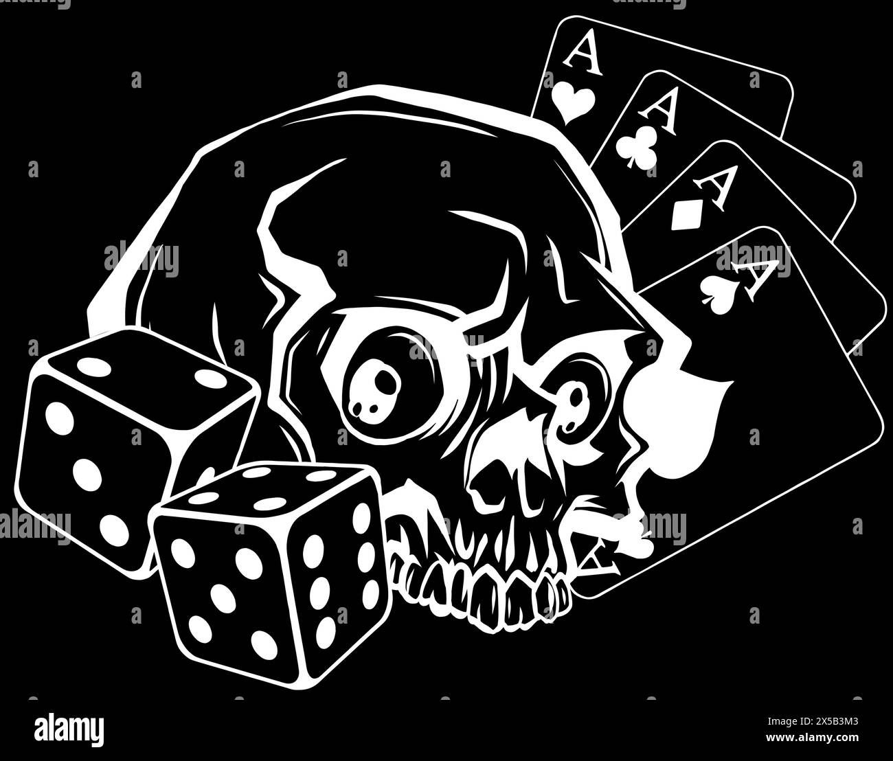 Silhouette blanche de Skull Gambling Elements concept avec poker de chasse royale sur fond noir Illustration de Vecteur