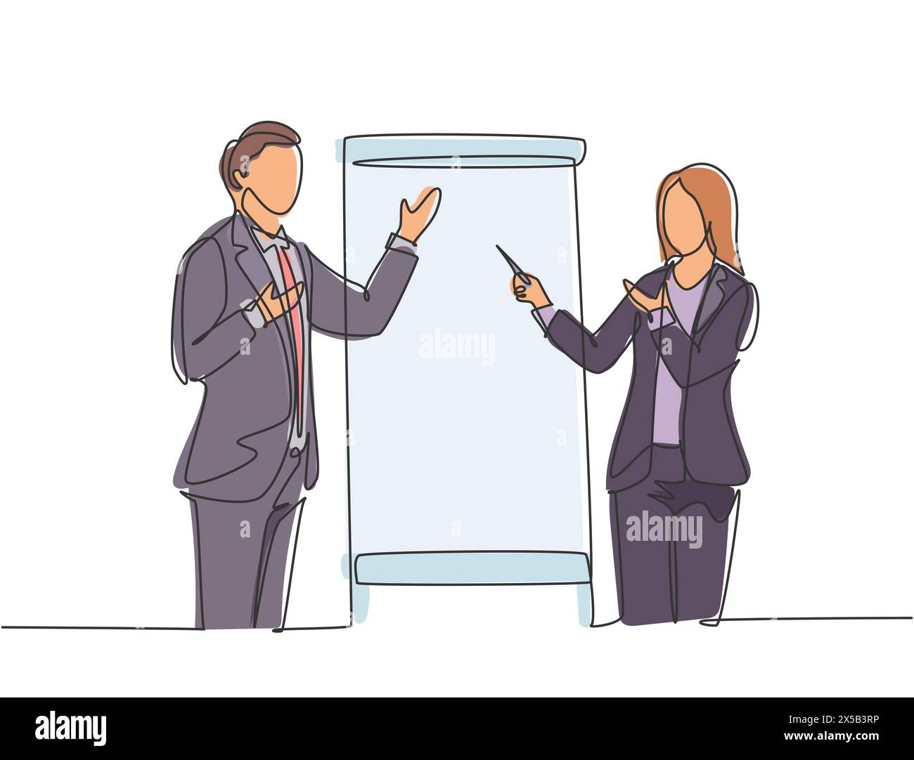 Dessin en ligne continue unique de jeunes hommes et femmes d'affaires heureux en train de parler devant la classe. Cours de coaching et concept de réunion un l Illustration de Vecteur