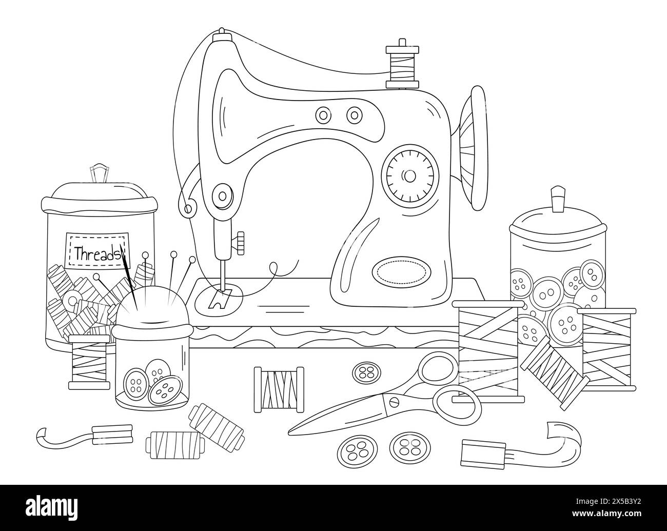 Coloriage, machine à coudre, livre de coloriage pour adultes et enfants dépeignez mon image Illustration de Vecteur
