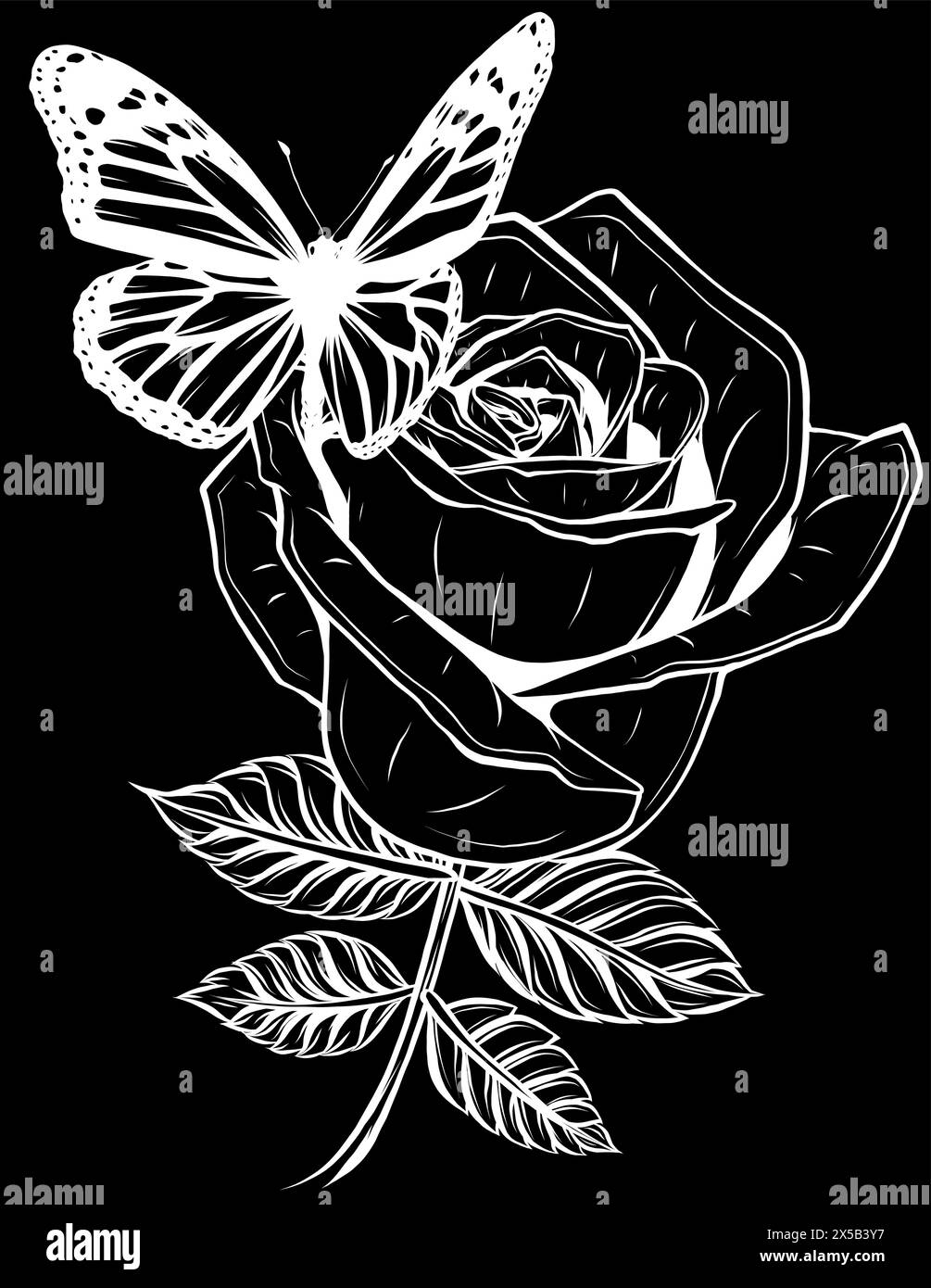 silhouette blanche de papillon sur rose rouge sur fond noir Illustration de Vecteur