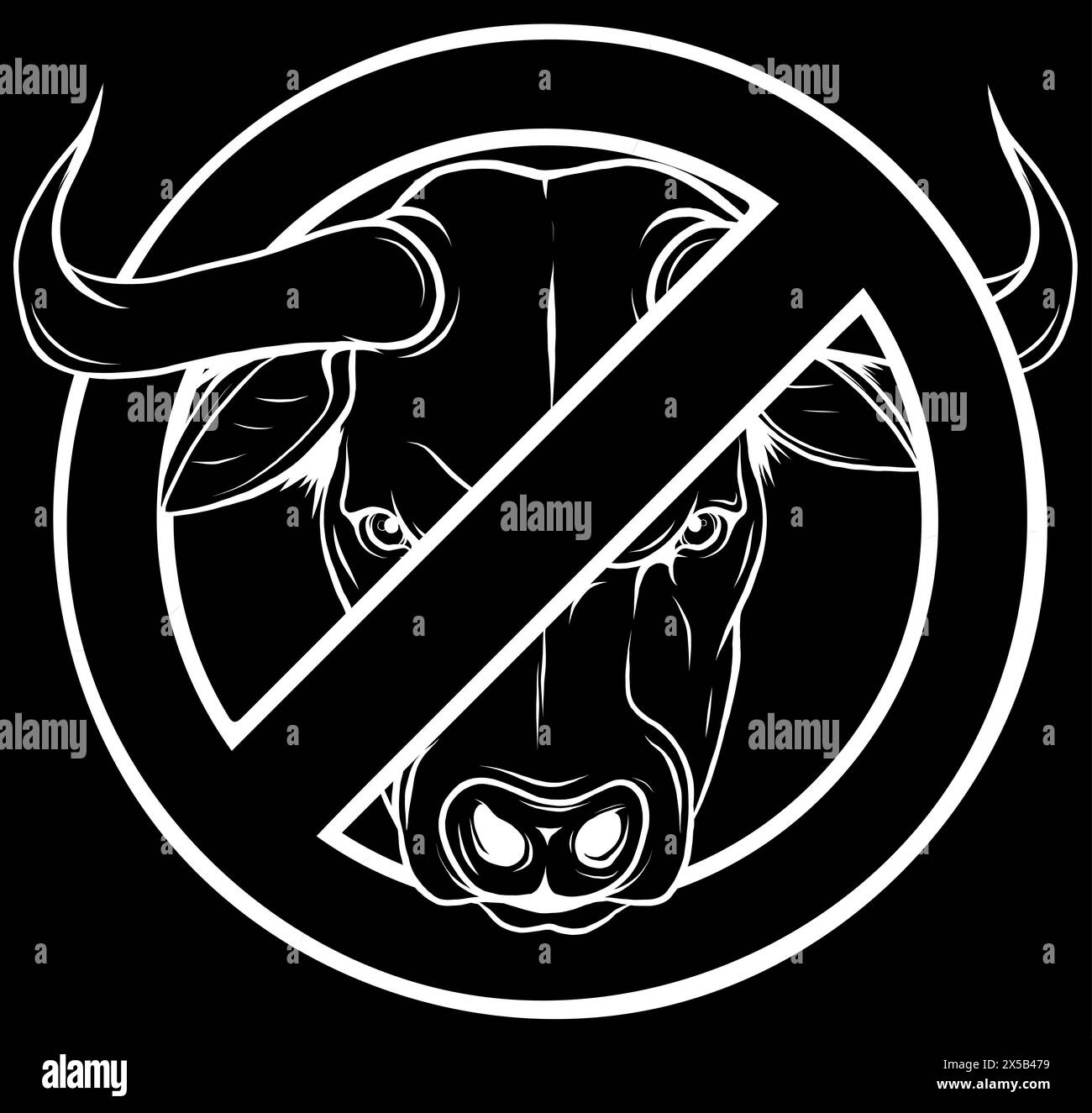 silhouette blanche de tête de taureau dans un signe d'interdiction rouge sur fond noir Illustration de Vecteur