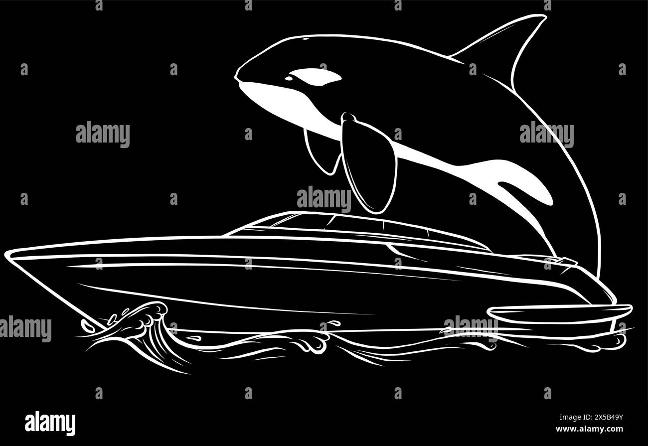 silhouette blanche de bateau avec l'épaulard nage vers elle sur fond noir Illustration de Vecteur