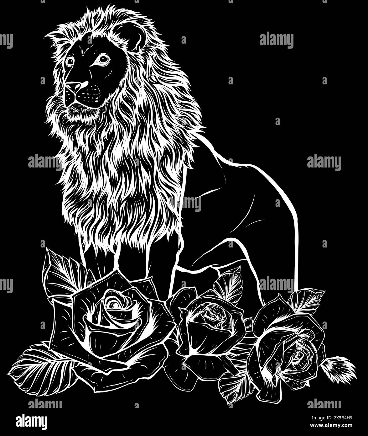 Silhouette blanche de Lion avec des roses. conception d'illustration vectorielle sur fond noir Illustration de Vecteur