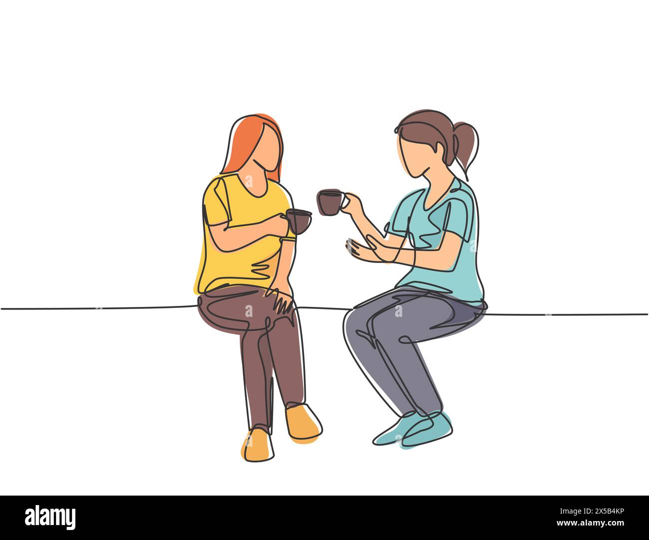 Le dessin en ligne continue simple de deux jeunes travailleuses ont un chat décontracté sur boire du café pendant la pause de bureau. Avoir un petit concept de conversation au travail Illustration de Vecteur